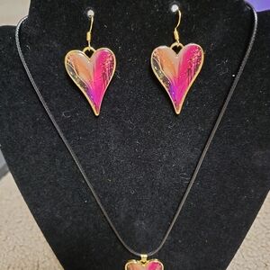 Handmade Resin Heart Necklace & Earrings Set – Pink Orange Gold Boho Statement